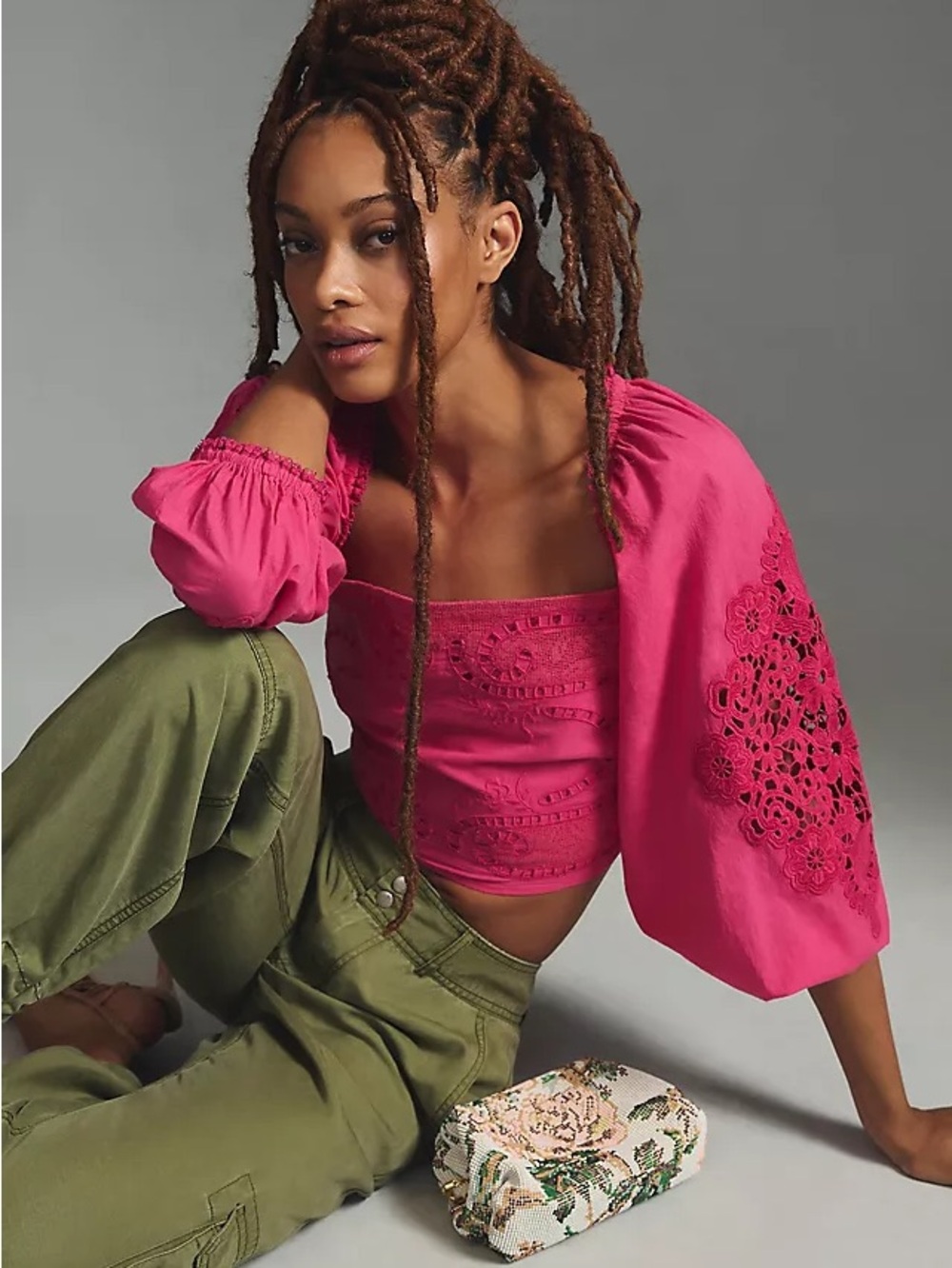 Farm Rio Pink Embroidered Puff-Sleeve Crop Top Sz L
